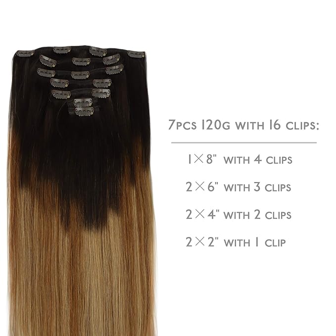 WENNALIFE Clip in Hair Extensions Real Human Hair, 16 Inch 120g 7pcs Dark Brown to Chestnut Brown and Dirty Blonde Highlighted Clip In Human Hair Remy Clip in Hair Extensions Double Weft
