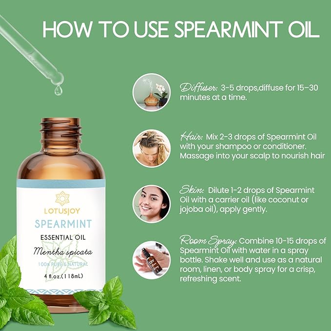 Spearmint Oil for Facial Hair Skin Roll On Diffuser Room Spray - Pure Organic Therapeutic Grade Spearmint Essential Oil 4 Oz