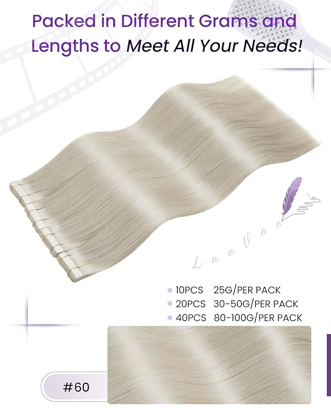 LaaVoo Tape in Hair Extensions Blonde Human Hair Tape in Extensions #60 Platinum Blonde Hair-Extension Tape on Real Human Short Hair 20pcs 40g 14 Inch