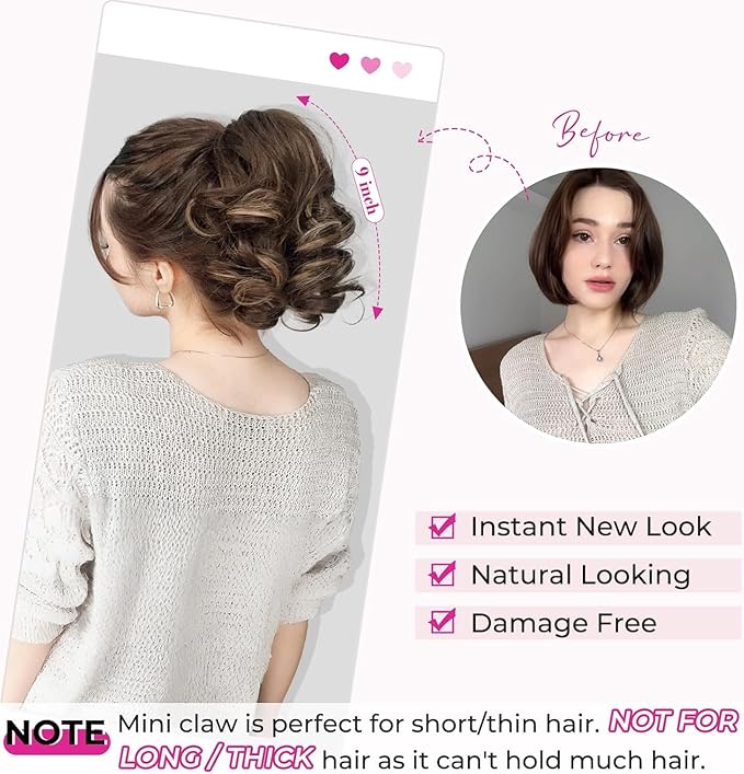 REECHO Ponytail Extension, 9" Claw Clip in Short Curly Wavy Pony Hair Extension Jaw Clip on Pony Tail HP001 Hairpiece for Women - Chocolate Brown with Highlights