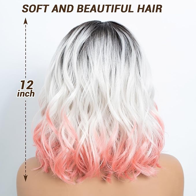 NOBLE Colourful Short Bob Wigs with Bangs for Women 3 Tone Ombre Greyish white root to Pink Color Short Wavy Bob Hair Wig Shoulder Length Synthetic Heat Resistant Bob Wigs