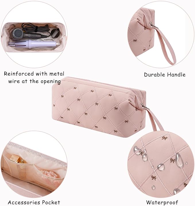 Large Quilted Hair Tools Travel Bag with Bow Pattern,Waterproof Hair Styling Accessories Storage Case for Shark FlexStyle, Dyson Airwrap Hair Dryer, Curling Iron, Revlon Hair Tools(Pink)