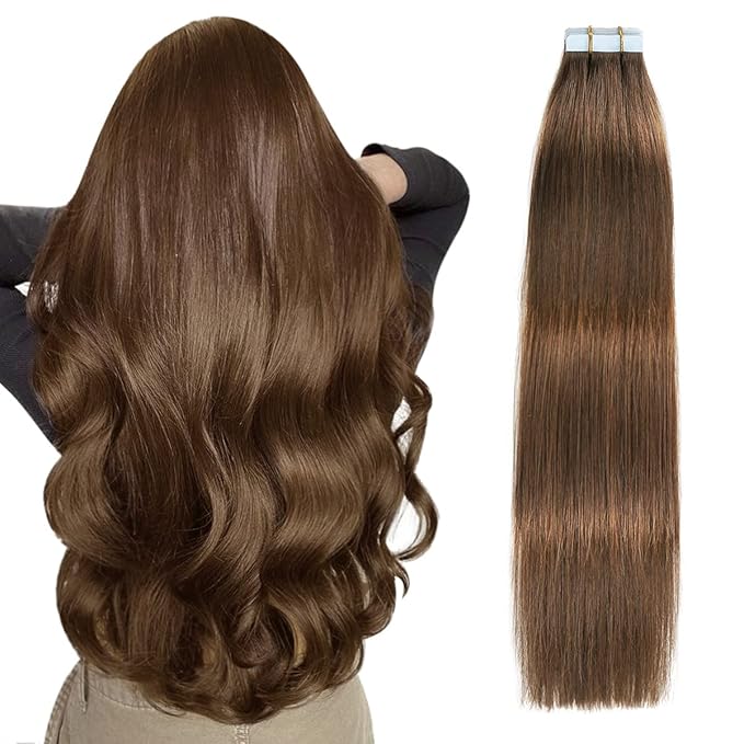 SUYYA Tape in Hair Extensions Chocolate Brown 100% Remy Human Hair 20 inches 20pcs 50g/pack Straight Seamless Skin Weft Tape Hair Extensions(20Inch #4 Dark Brown)