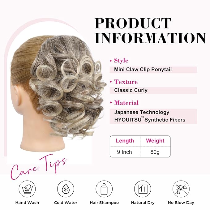 REECHO 9" Short Ponytail Extension, Classic Loose Curly Wavy Claw Clip Pony tails Hair Extensions HP001 Hairpieces for Women (Glazed Mocha to Blonde)