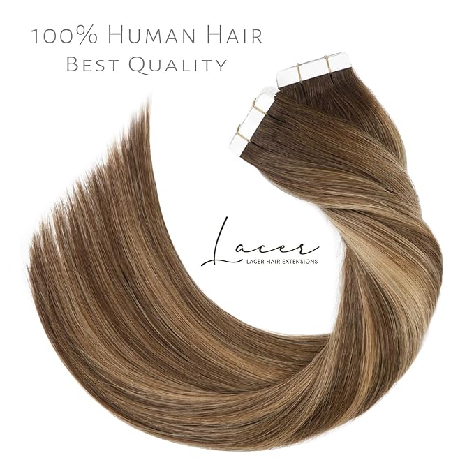 Lacer Tape in Hair Extensions Chocolate Brown to Dark Caramel Blonde Adhesive Tape in Hair Extensions Remy Human Hair 20 Pcs 50 Grams 22 Inch