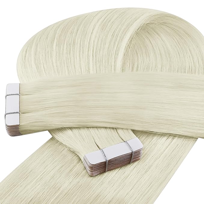 YoungSee Invisible Tape in Hair Extensions Human Hair Platinum Blonde Tape in Hair Extensions Human Hair Platinum Blonde 18Inch Tape-in Hair Extension Real Human Hair Long 20pcs 50g