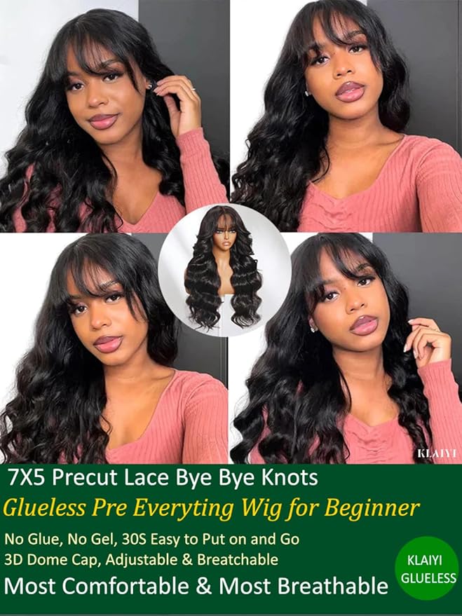 KLAIYI Fluffy Body Wave Curtain Bang Wig Bye Bye Knots Glueless Pre Cut 7x5 Lace Front Wigs Human Hair Loose Wave Pre Bleached Pre Plucked Pre Everything 3S Easy to Wear and Go Wig 180% Density 16Inch