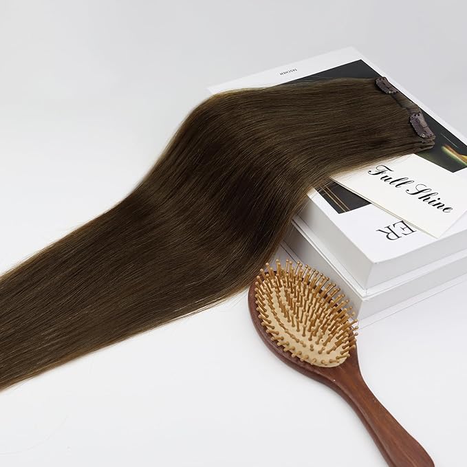 Full Shine Brown Human Hair Clip in Extensions 20 Inch Straight Dark Brown Clip in Hair Extension Lace Weft Real Human Hair Clip ins for Thin Hair 3 PCS 60 G