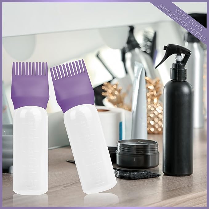 BLAAROOM Root Comb Applicator Bottles 6 Ounce, 2 Pack - Hair Oil Applicator with Dispenser, Root Comb Brush - Dark Purple