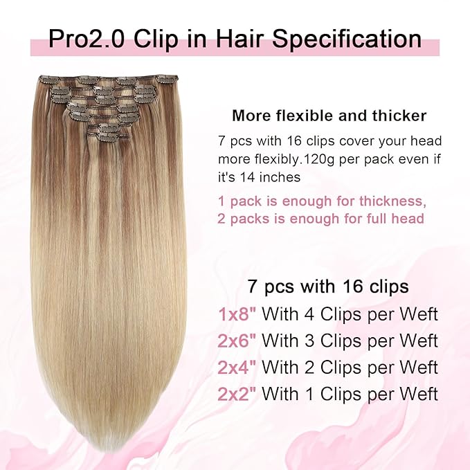 Pro2.0 Remy Clip in Extensions Real Human Hair Color #10/16/16 Ash Brown to Caramel Blonde Remy Clip in Hair Extensions Real Human Hair 18inch 120g Thick 7pcs Double Weft（#10/16/16-18inch）