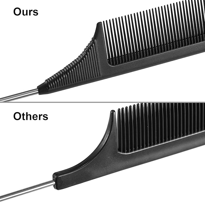 Leinuosen 3 Packs Rat Tail Comb Steel Pin Rat Tail Carbon Fiber Heat Resistant Teasing Combs with Stainless Steel Pintail (Black)