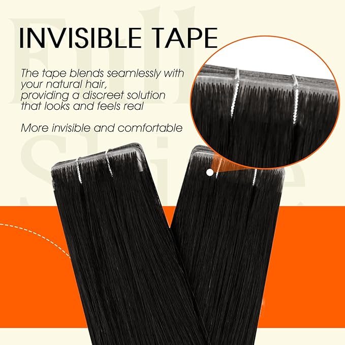Full Shine Intact Tape Extensions Human Hair Color 1B Off Black Injection Tape In Hair Extensions Human Hair Cuticles Aligned 20Inch 50G Lightweight Natural for Women Daily Office Look 20Pcs