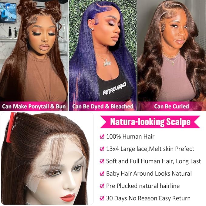Hermosa 13x4 Chocolate Brown Lace Front Wigs Human Hair 180 Density Straight Brown Lace Frontal Human Hair Wigs Pre Plucked Hairline 4# Brown Color 30 Inch