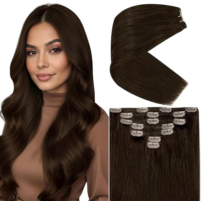 Ve Sunny Human Hair Clip in Extensions Real Hair Extensions Clip in Human Hair Dark Brown Clip in Hair Extensions 16 Inch 120g