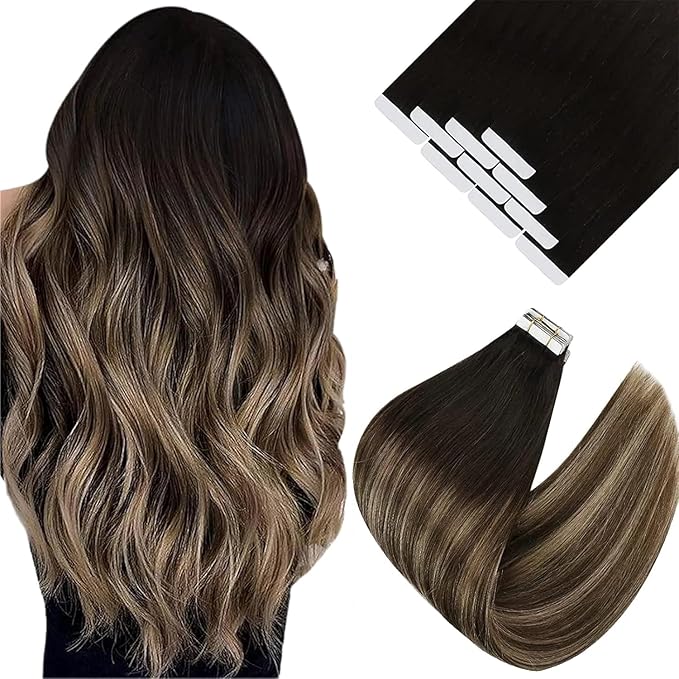 Sunny Hair Tape in Hair Extensions Real Human Hair Invisible Remy Hair Extensions Tape ins for Women Natural Black Ombre Dark Brown Balayage Ash Blonde 22 inch 25G