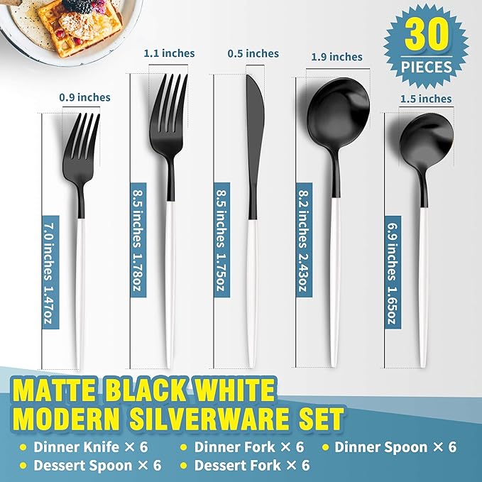 Matte Black White Silverware Set for 6,Modern Stainless Steel Brushed Cutlery Set,30-Pieces Heavy Duty Flatware Set,Knives Spoons and Forks Set Utensils Set, Satin Finish, Dishwasher Safe