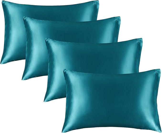 BEDELITE Satin Pillowcase for Hair and Skin, Super Soft Similar to Silk Pillow Cases 4 Pack with Envelope Closure, Cooling Pillowcases for Women Men (20"x30" Queen Size, Teal)