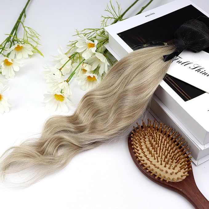 Full Shine Ombre Clip in Hair Extensions Brown Rooted to Ash Blonde and Platinum Blonde 14 Inch Real Hair Extensions Clip in Brown Ombre Ease of Use 3 PCS 60 G