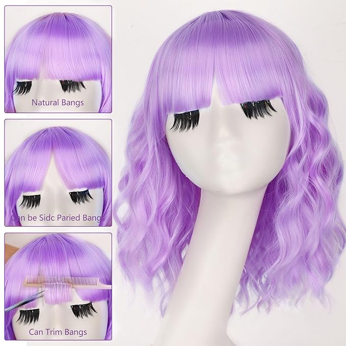 AISI HAIR Light Purple Synthetic Wavy Curly Bob Wig with Bangs Short Wavy Hair for Women Synthetic Heat Resistant Bob Wigs
