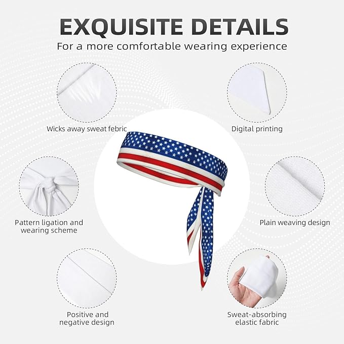 Men Women Sports Sweat Band, Multifunction Elastic Head Ribbon for Running Workout Shower, Novelty Wooden American Flag Headdress Hair Decor