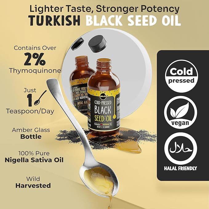 MAJU Black Seed Oil - 3 Times Thymoquinone, Cold-Pressed, 100% Turkish Black Cumin Seed Oil, Liquid Pure Blackseed, Glass Bottle, 8 oz
