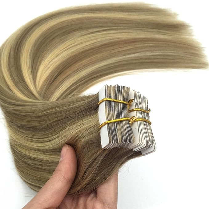 GOO GOO Tape in Hair Extensions Human Hair, 16/22 Light Blonde Highlighted Golden Blonde, 18inch 50g 20pcs, Skin Weft Seamless Invisible, Silky Straight with Thick Ends, Remy Human Hair