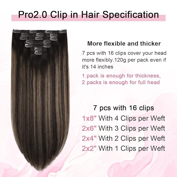 Pro2.0 Remy Real Human Hair Extensions Clip ins 120g Thick 7pcs #2/6/2 Balayage Dark Brown to Chestnut Brown Remy Clip in Hair Extensions Real Human Hair 16inch Double Weft（#2/6/2-16inch）