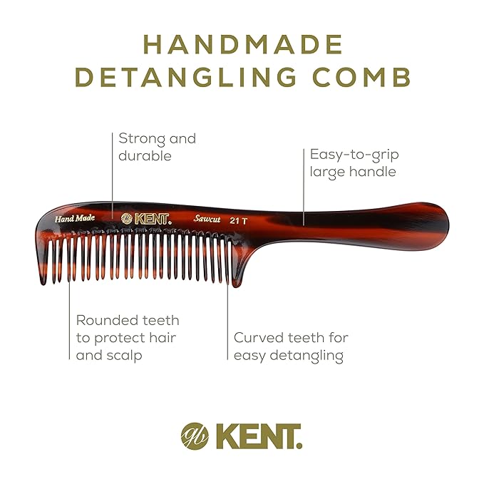Kent 21T Large Hair Detangling Comb, Double Teeth Wide Tooth Comb for Curly Wavy Hair, Saw-Cut and Handmade (7.5")