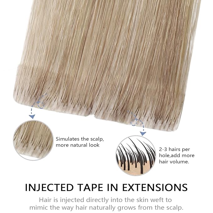 COOKAYU Invisi Edge Tape in Hair Extensions Human Hair, Ash Brown to Platinum Blonde 14Inch 20pcs 30g Straight Invisible Injected Tape in extensions