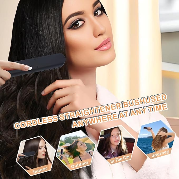 Hot Comb Electric, Cordless Hair Straightener Brush Travel, Mini Hair Brush, Heated Comb with 3 Temp Settings, Rechargeable Portable Hair Straightener for Women, Auto Shut-Off, Anti-Scald