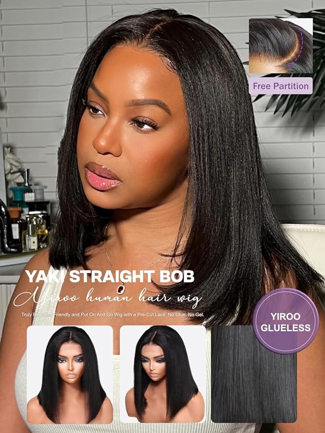 YIROO Yaki Straight Bob Human Hair Drawstring Wigs Pre Cut 7x5 HD Lace Front Wig Bye Bye Knots Glueless Yaki Short Bob Human Hair Wigs Pre Plucked Invisible Knots 150% Density Ready to Go 14Inch