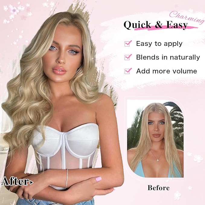 Hair Extensions for Women, 8PCS 20Inch Honey Blonde Mix Beach blonde Clip in Hair Extensions, Synthetic Long Wavy Curly Clip Ins, Full Head Thick Hairpieces for Women