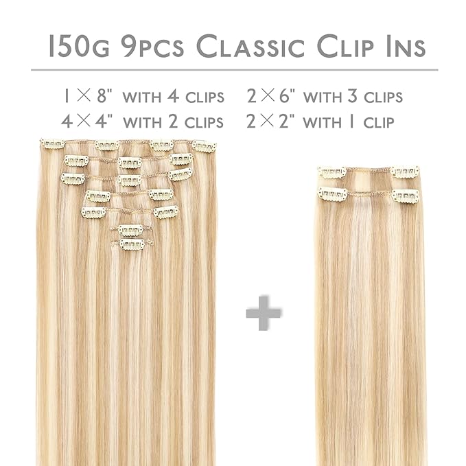 WENNALIFE Hair Extensions Clip In, 9pcs 22inch 150g Dirty Blonde Highlighted Bleach Blonde Thicker Clip In Hair Extensions Real Human Hair Remy hair extension Double Weft