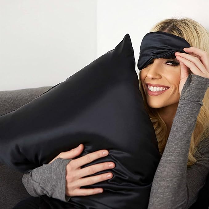 Organic Silk Pillowcase for Hair and Skin Made in USA, Natural Mulberry Silk Pillow Cases Black, 22 Momme, Oeko-TEX Certified, Anti Acne, 1 Pc 20"x26" (Standard, Black)