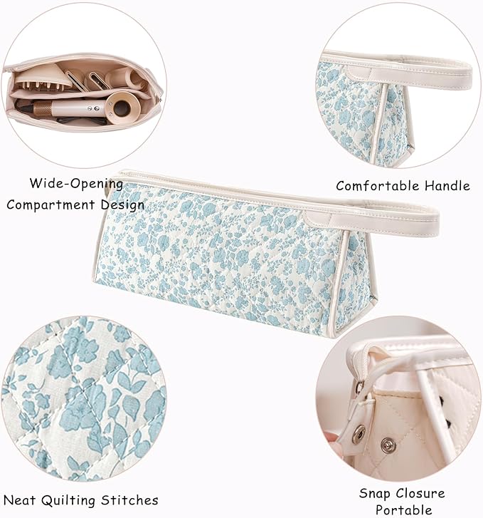 Large Quilted Hair Tools Travel Bag,Aesthetic Hair Styling Accessories Storage Case for Flat Irons,Straightener,Curling Iron,Hair Dryer,Dyson Airwrap Travle Bag（04Blue Flower）