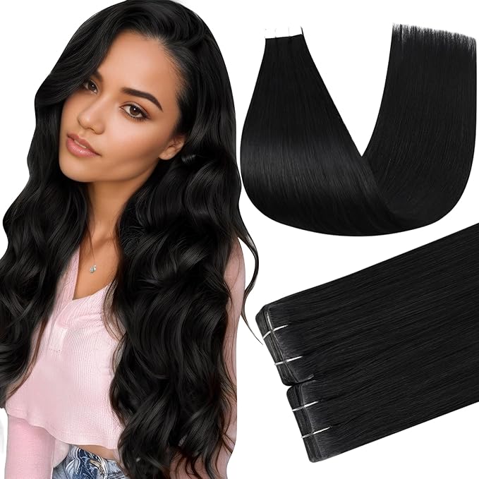Full Shine Black Injection Tape in Hair Extensions Real Human Hair Color 1 Jet Black Seamless Invisible Skin Weft Machine Remy Injected Tape Extensions for Women 20Inch 50Gram 20Pcs