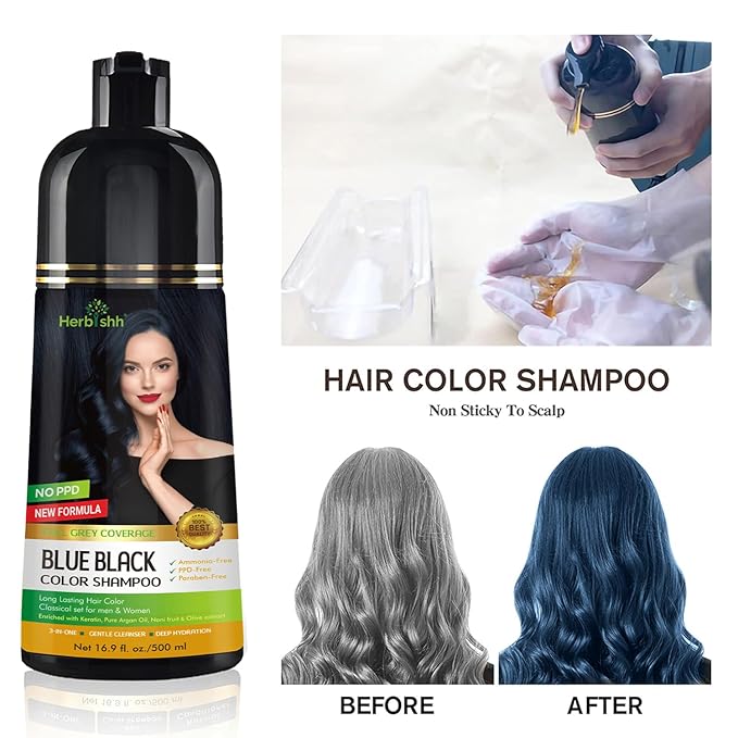 Herbishh Blue Black 3 In 1 Hair Dye Shampoo 16.9 Fl Oz & Argan Oil Mask 28.2 Fl Oz Combo - Champu Para Canas Mujer - Hair Dye Shampoo for Men & Women - Hair Mask For Moisturizer Dry, Damaged Hair
