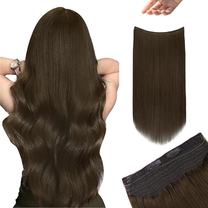 YoungSee Invisible Wire Hair Extensions Real Human Hair Brown Wire Hair Extensions Brown Fish Line Hair Extension Human Hair Add Length and Volume 20 Inch 100g