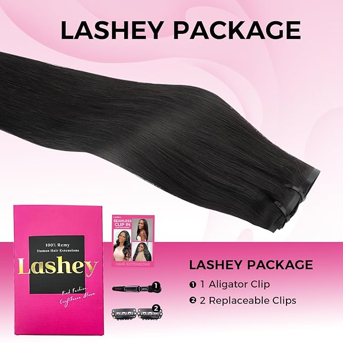 Lashey Seamless Clip in Hair Extensions Human Hair Extensions, 170g 9pcs Straight Natural Black Fuller Real Human Hair Clip in Extensions 18 Inch