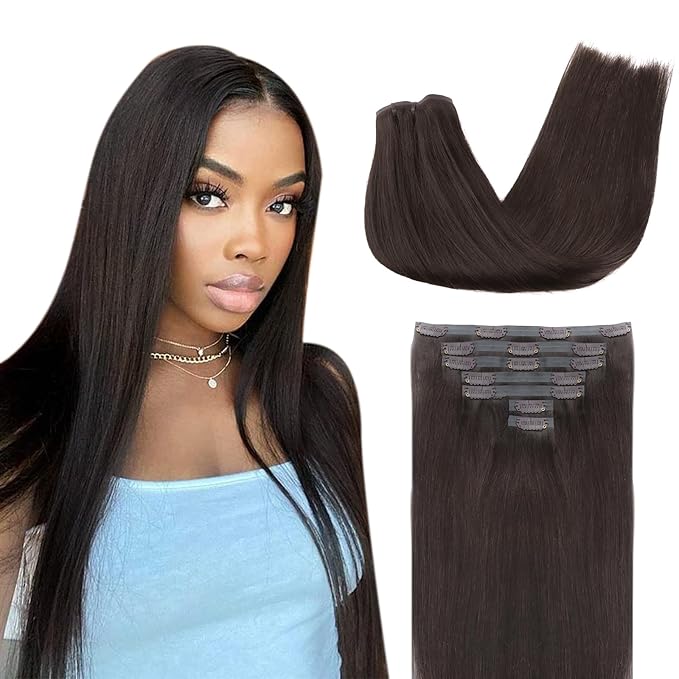 Lashey Clip in Hair Extensions Real Human Hair 7pcs 110g Straight Seamless, 14 Inch #2 Dark Brown Natural Thick Clip in Hair Extensions