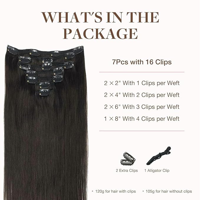 GOO GOO Clip in Hair Extensions Real Human Hair, Remy Human Hair Extensions Clip ins for Women, Natural Human Hair, 16inch 160g 7Pcs, #2 Dark Brown