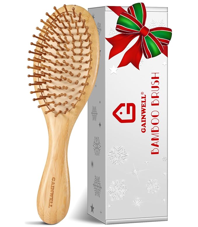 Bamboo Hair Brush for Christmas, Natural Bamboo Bristles Detangling Wooden Paddle Hairbrush for Massaging Scalp, for Women Men and Kids, for All Hair Types, with Ergonomic handle