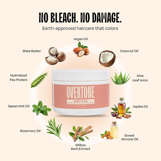Overtone Semi Permanent Hair Color Conditioner, Desert Rose, 8 oz, Nourishing, Damage-Free, Color Depositing Mask for All Hair Types with Shea Butter & Coconut Oil, Vegan & Cruelty-Free