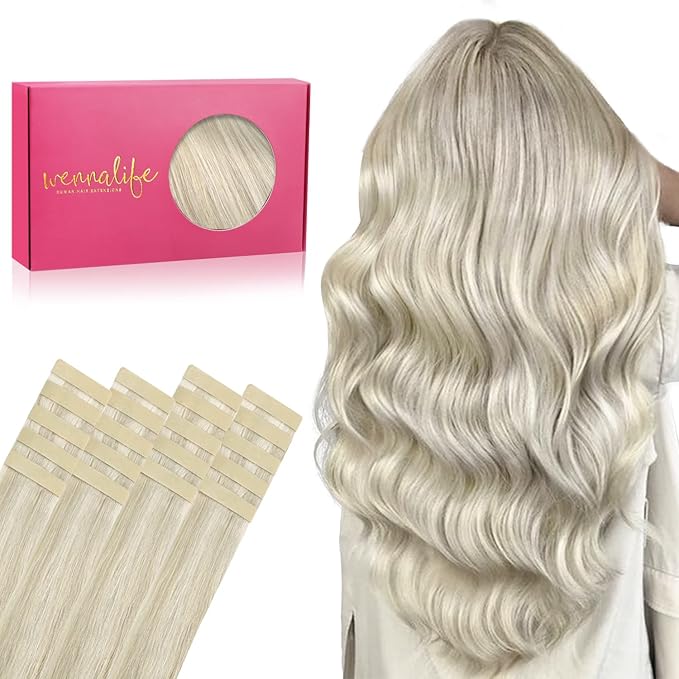 WENNALIFE Tape in Hair Extensions Human Hair, 20pcs 50g 16 inch Ash Blonde Highlighted Platinum Blonde Remy Hair Extensions Straight Human Hair Tape in Extensions Skin Weft Tape Extensions Human Hair
