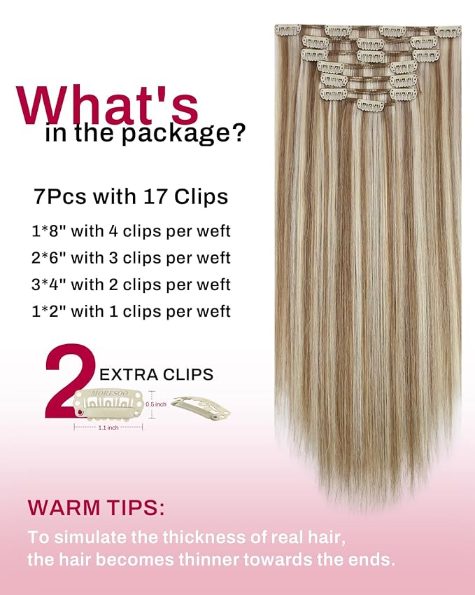 Moresoo Long Hair Extensions Clip ins Blonde Highlights Medium Brown with Platinum Blonde Double Weft Human Hair Clip in Extensions Highlights Brown with Blonde for Party 120g/7pcs 24in