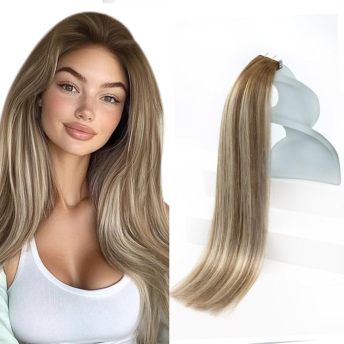 Hair Tape in Hair Extensions Real Human Hair Invisible Remy Hair Extensions Tape ins for Women Medium Brown Root to Platinum Blonde Balayage 12 inch 20Pcs 30G