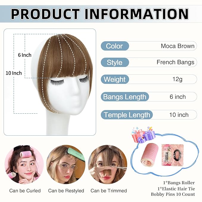 Clip In Bangs for Women, Moca Brown French Bangs Hair Clip with Temples, 100% Real Human Hair Layered Curved Fringe for Halloween and Daily Use(Moca Brown, French Bangs)
