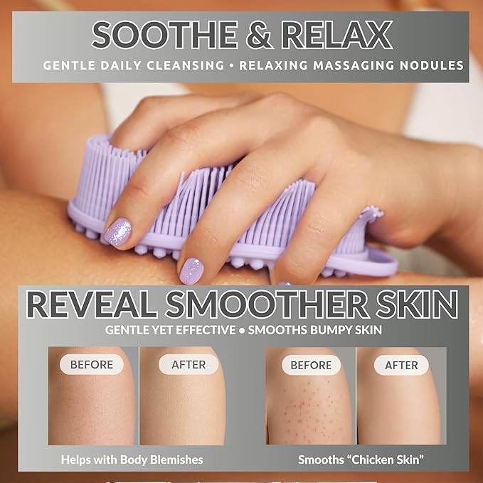 Silver Infused Silicone Body Scrubber Shower - Gentle Back Scrubber Soft Bristles - Avilana Premium Dual Sided Bath Brush Massage - Advanced Material Loofah Alternative - Gift Women Men