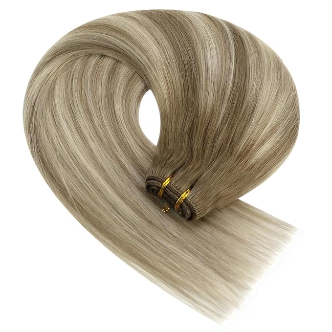 YoungSee 125G Human Hair Sew in Extensions Light Brown Mix Platinum Blonde Weft Hair Extensions Balayage Sew in Hair Extensions Real Human Hair for Thin Fine Hair 22Inch