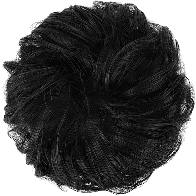 FESHFEN Messy Bun Hair Piece - Elastic Wavy Curly Hair Bun Scrunchies Extensions Synthetic Chignon Hairpieces for Women Girls, Off Black 1.5 oz